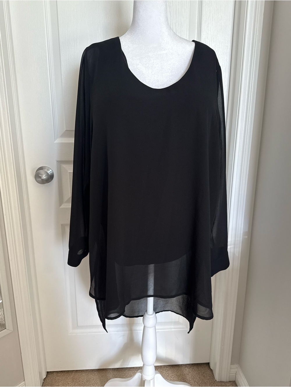 Black Sheer Long-Sleeve Women's Tuxedo Tail Blouse